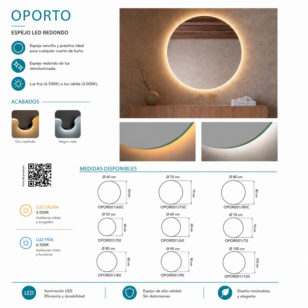 Espejo de baño redondo luz cálida Oporto C Ledimex