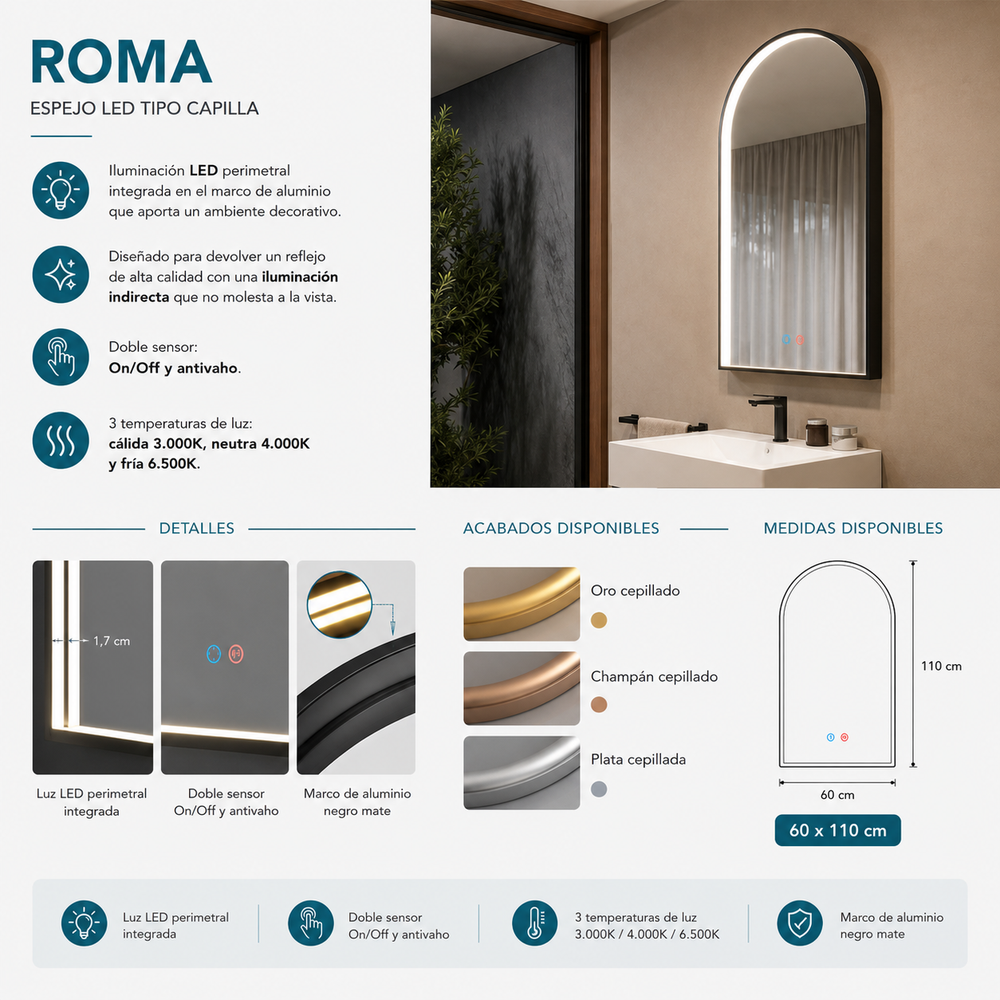 Espejo de baño capilla Roma Ledimex