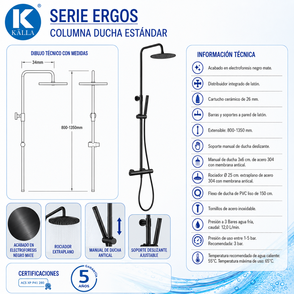 Columna de ducha Ergos Termostática Negro Mate