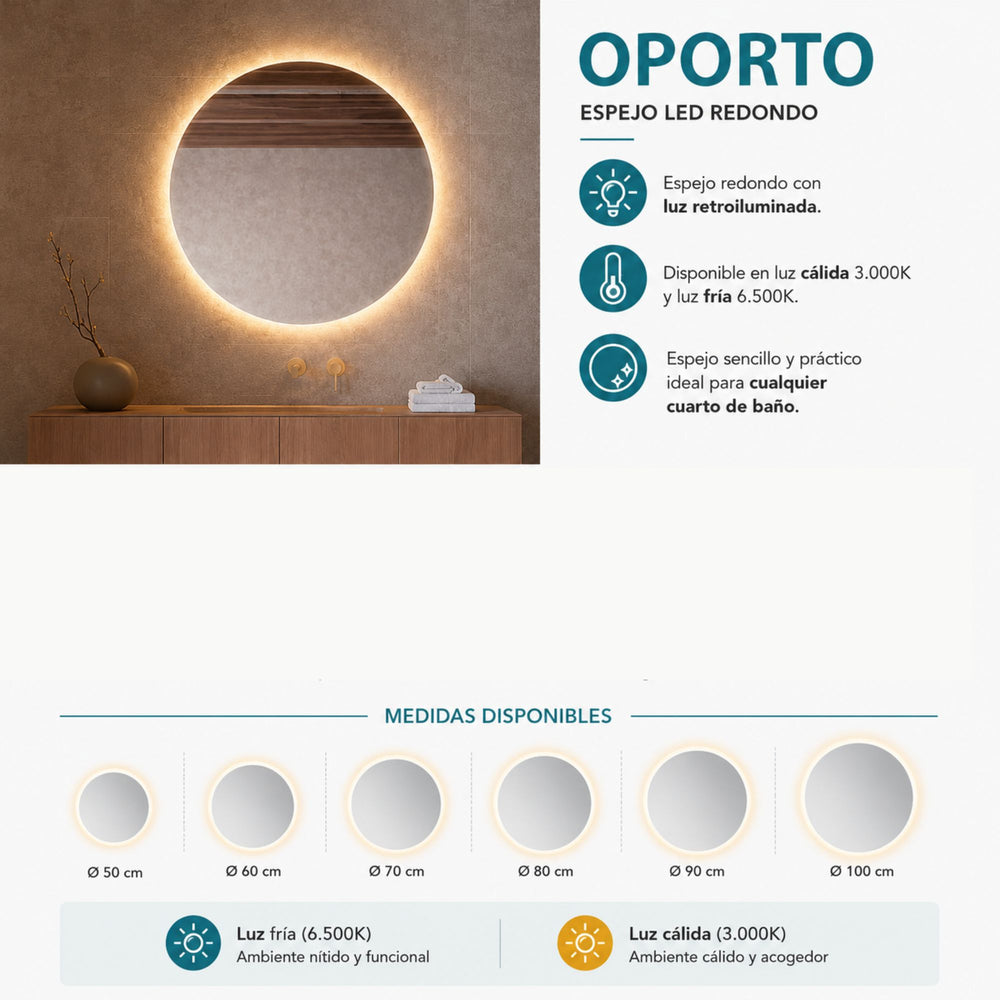 Espejo de baño redondo luz cálida Oporto C Ledimex