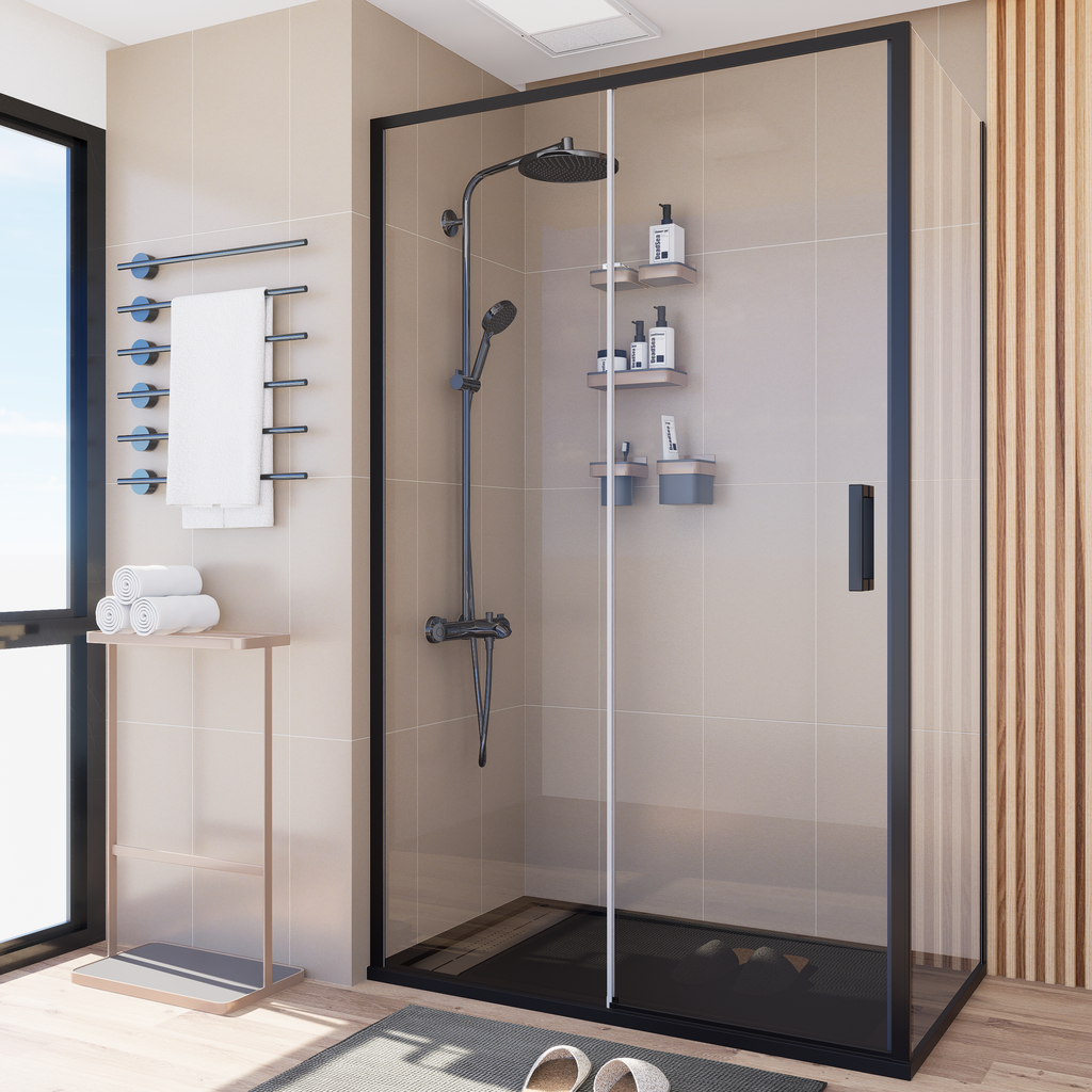 Mampara Signature Esquina Puerta corredera+pared fija Negra