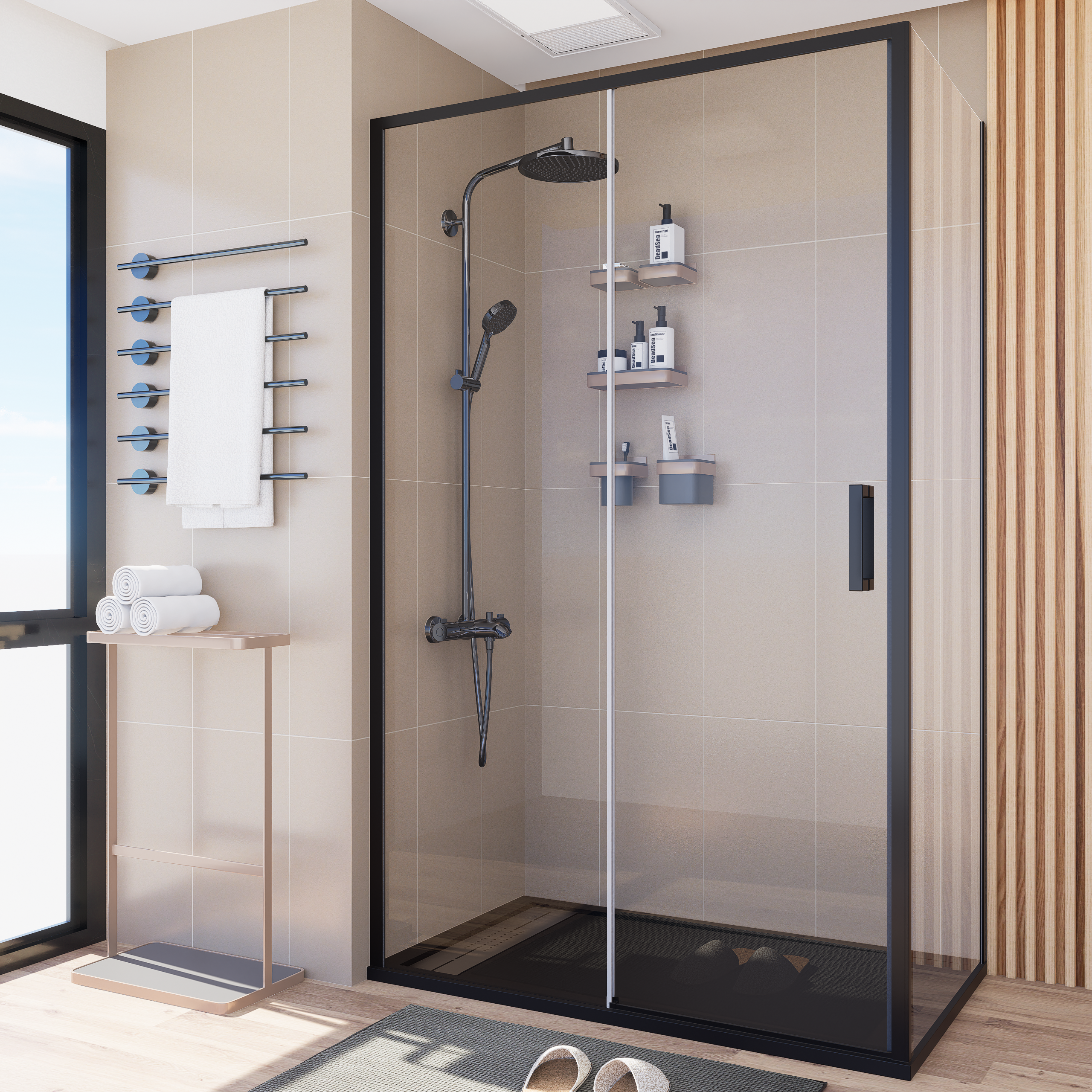 Mampara Signature Esquina Puerta corredera+pared fija Negra