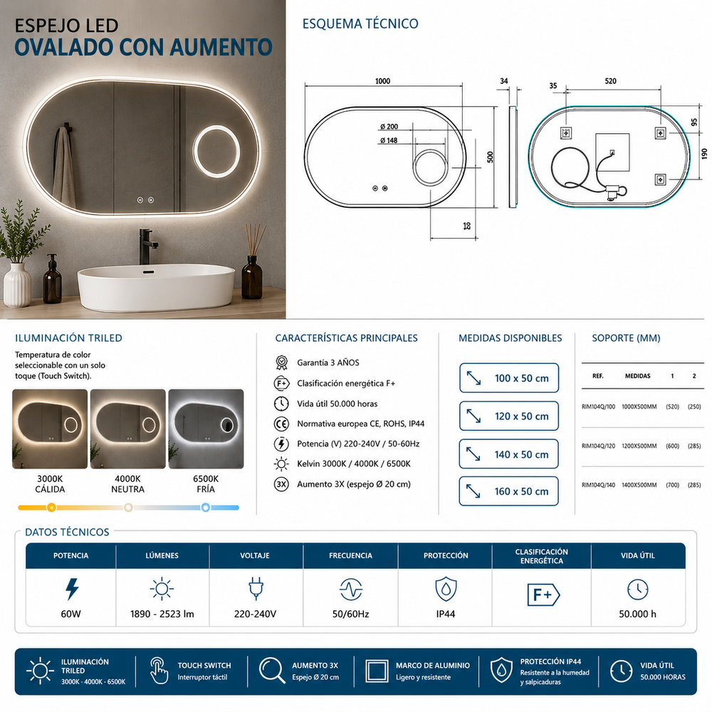 Espejo de baño Rimini Ledimex