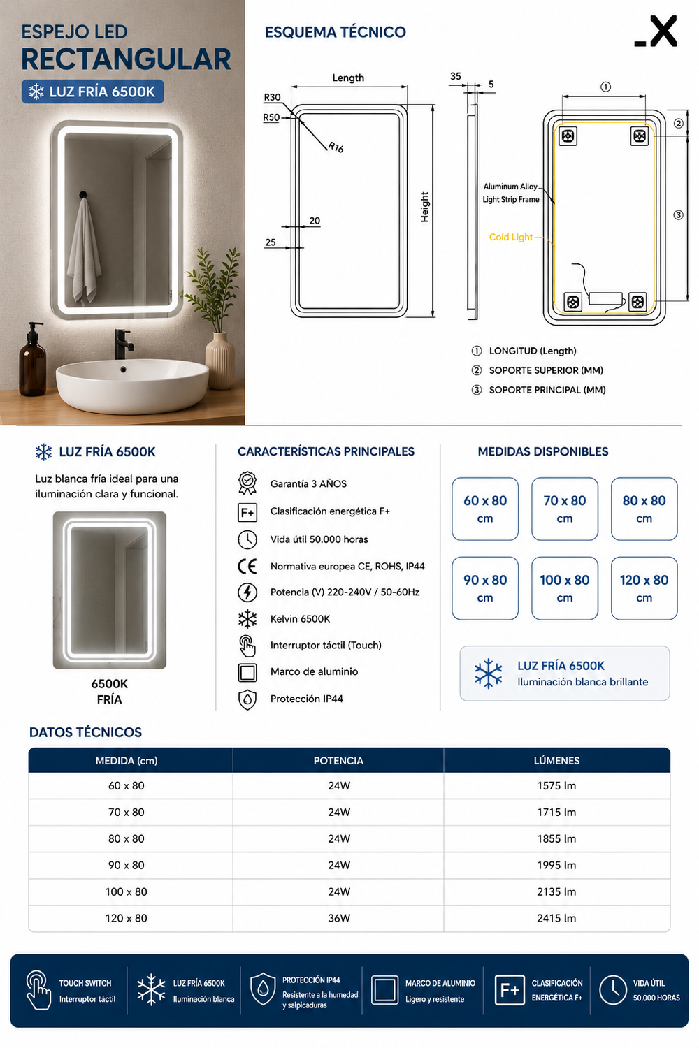 Espejo de baño rectangular Austria Ledimex