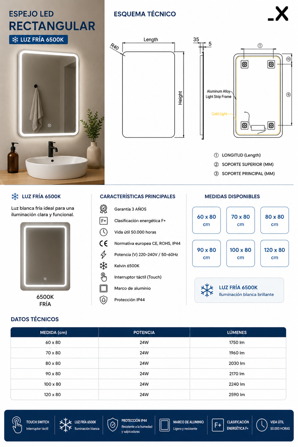 Espejo de baño rectangular Dinamarca Ledimex