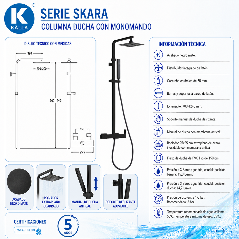 Columna de ducha Skara Monomando Negro