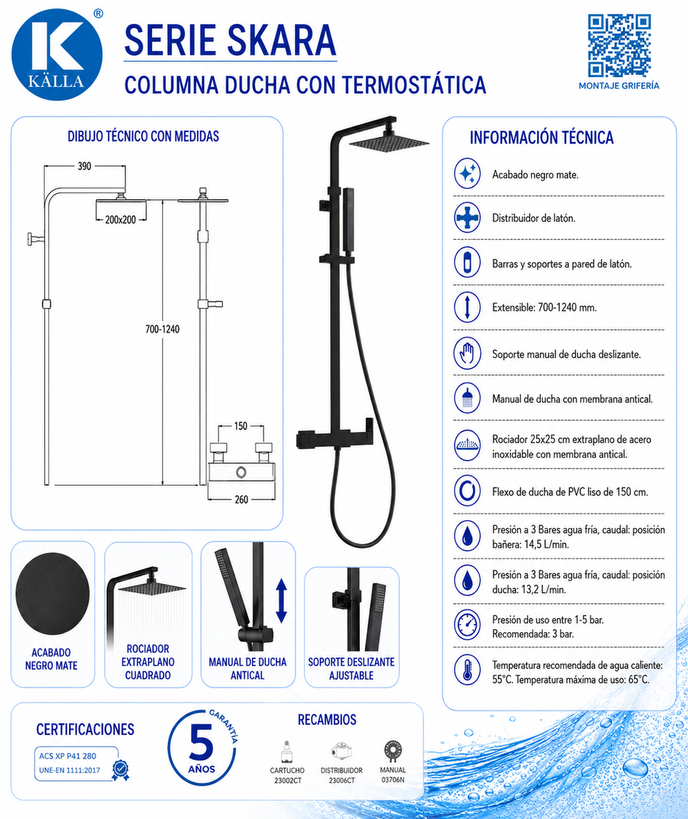 Columna de ducha Skara Termostática Negro