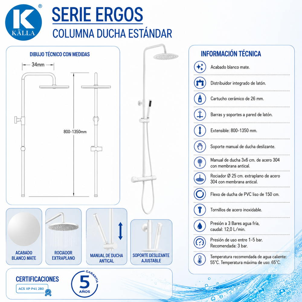 Columna de ducha Ergos Termostática Blanca