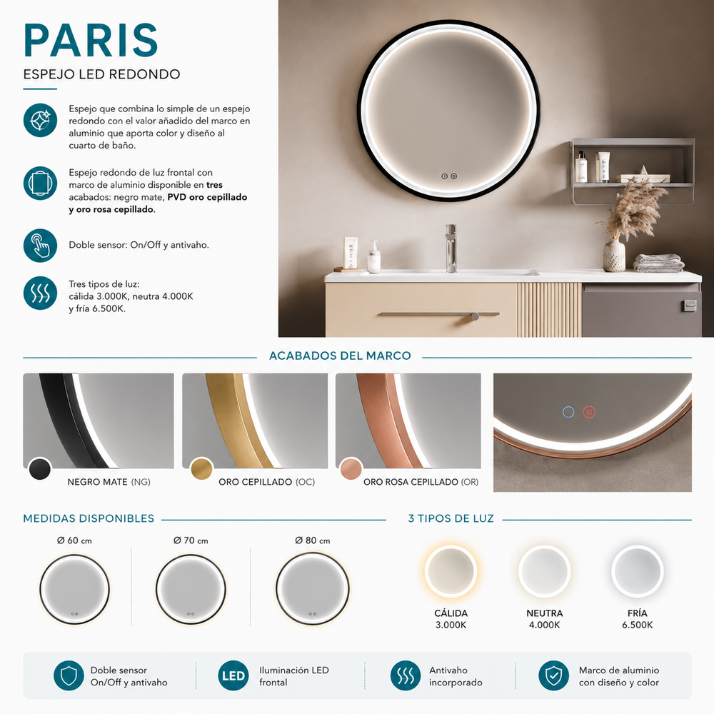 Espejo de baño redondo Paris Ledimex