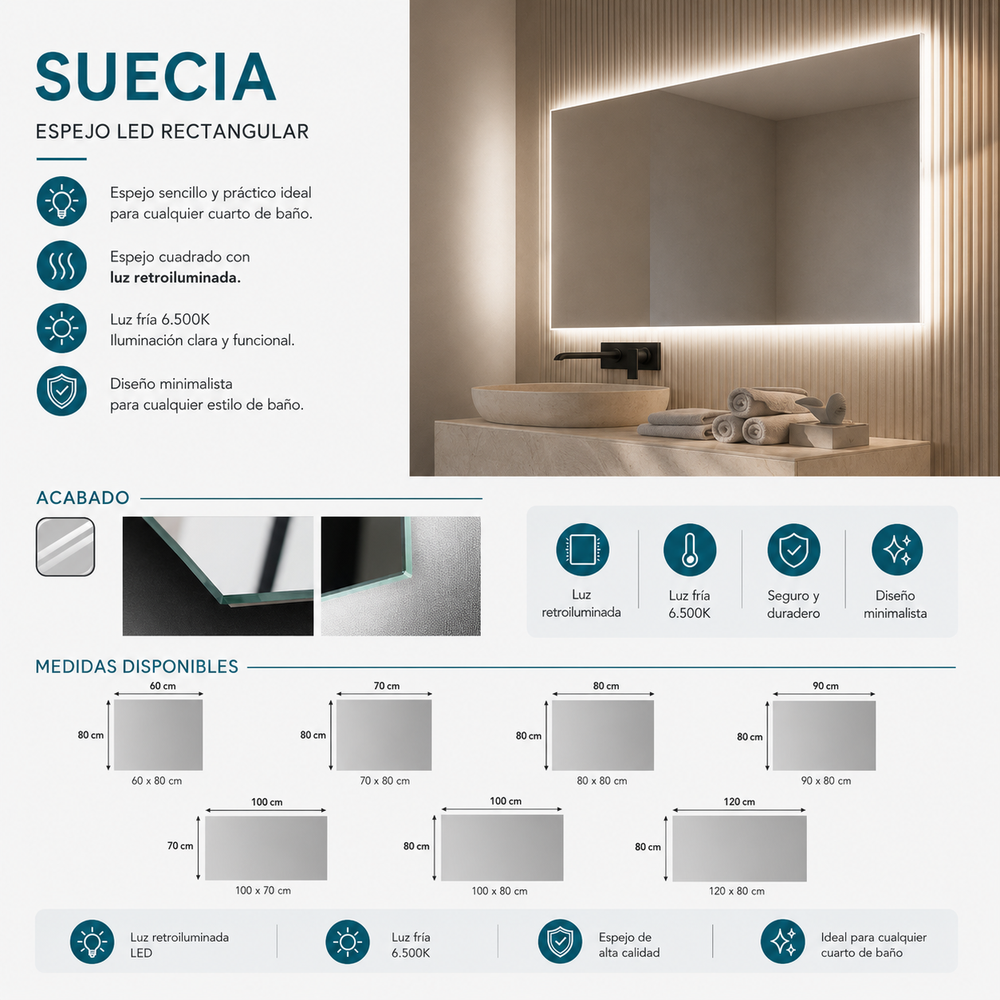 Espejo de baño rectangular Suecia Ledimex