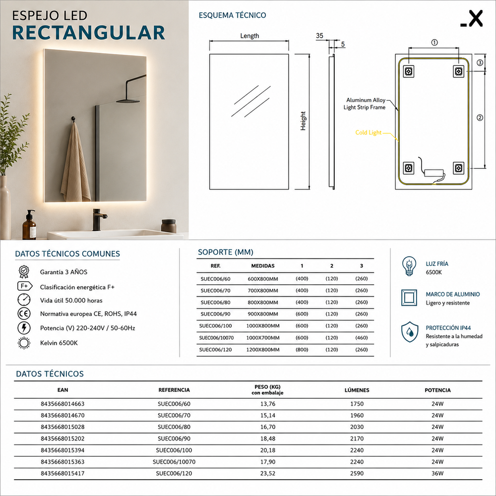 Espejo de baño rectangular Suecia Ledimex