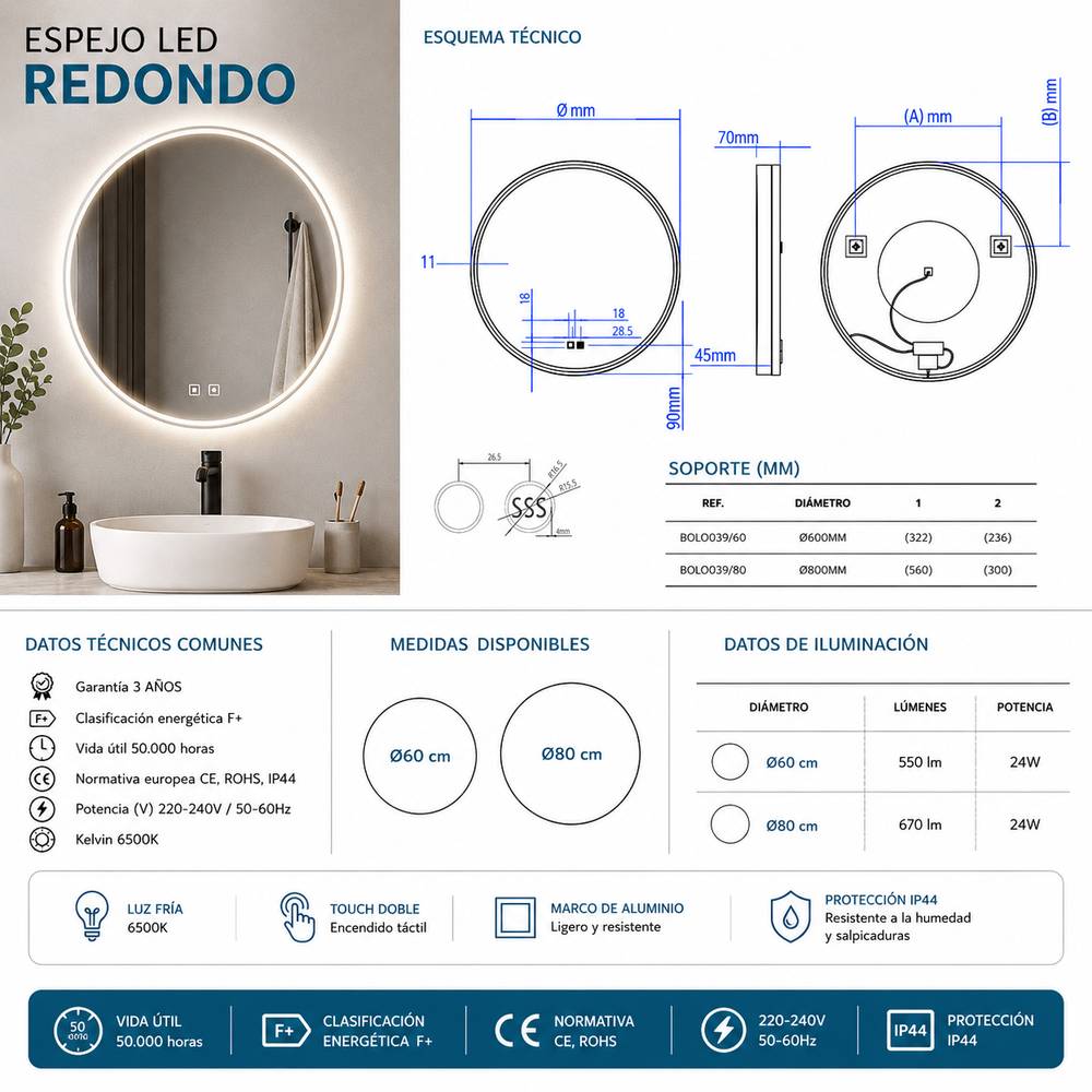 Espejo de baño Bolonia Ledimex