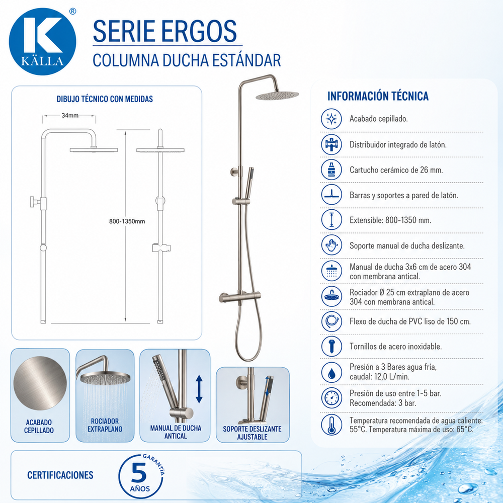 Columna de ducha Ergos Termostática Acabado Cepillado