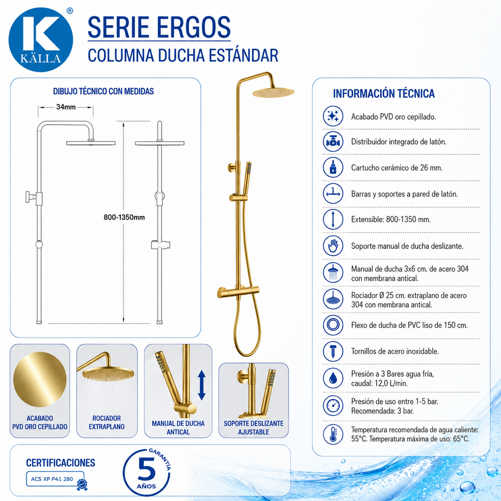 Columna de ducha Ergos Termostática Oro cepillado
