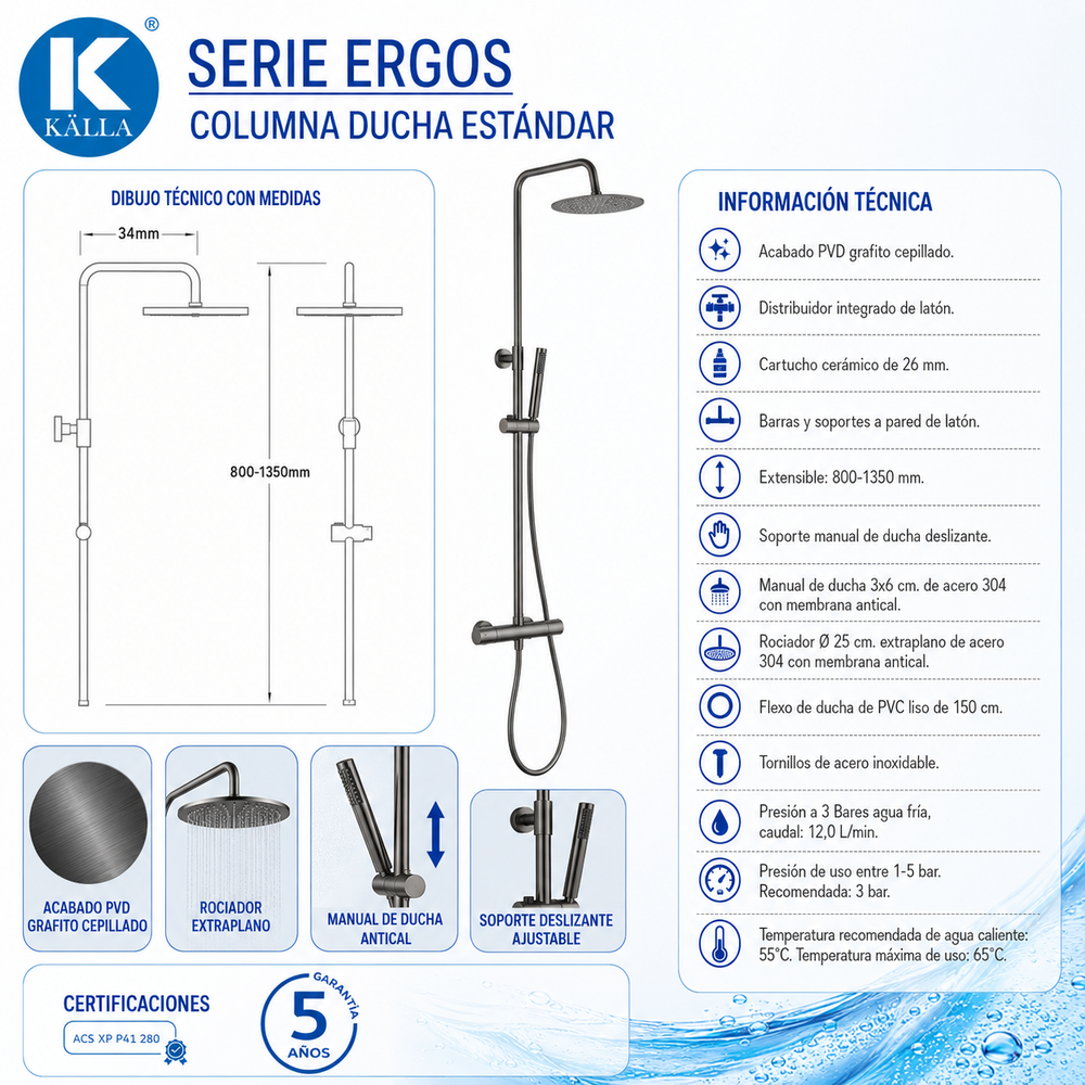 Columna de ducha Ergos Termostática Grafito Cepillado