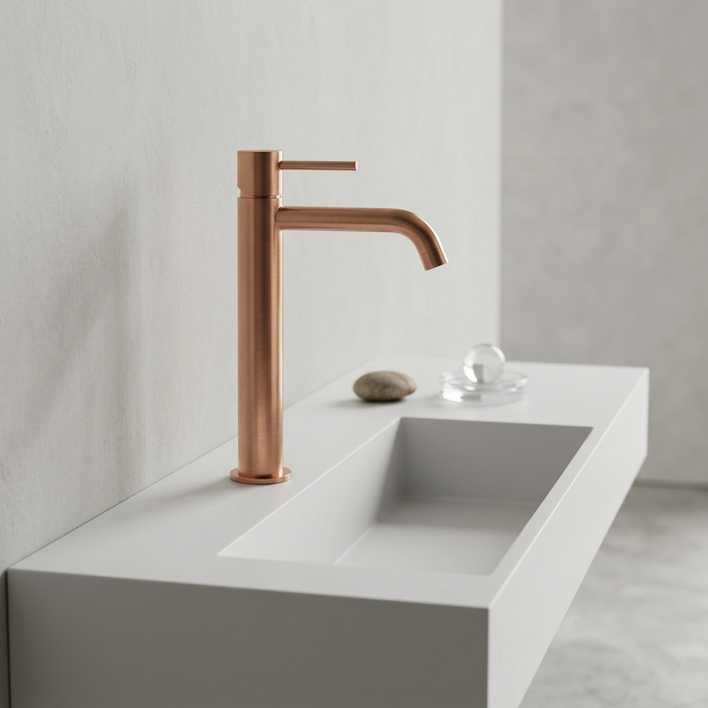 Grifo de lavabo alto Monomando Serie Monza Acabado Oro Rosa Cepillado