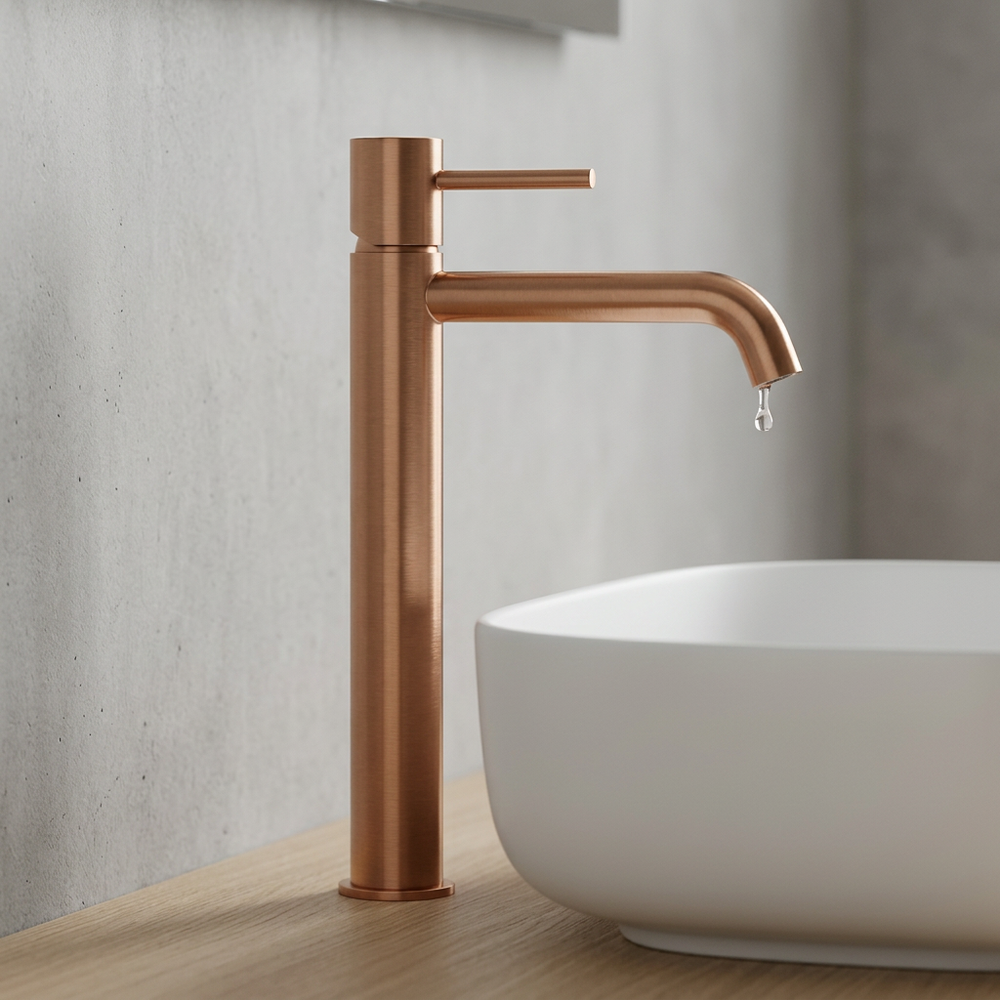 Grifo de lavabo alto Monomando Serie Monza Acabado Oro Rosa Cepillado