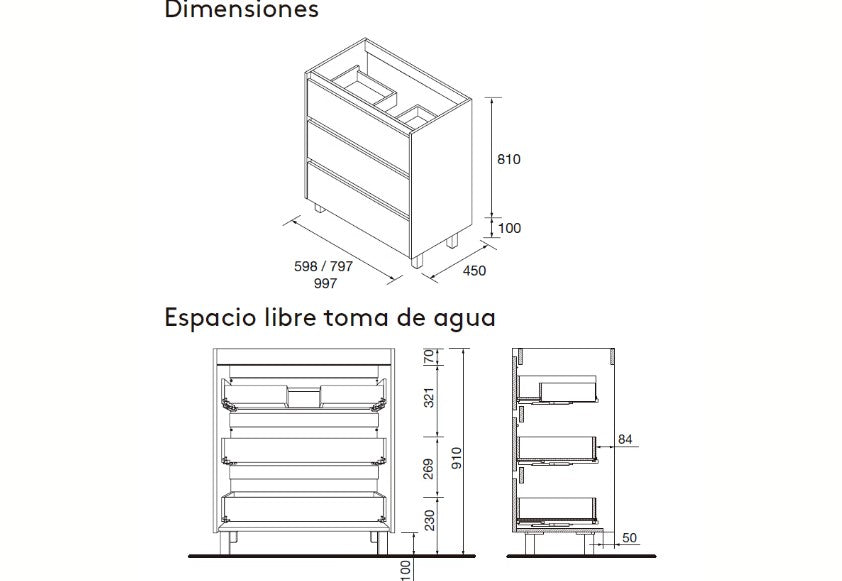 Conjunto mueble de baño 3 cajones con patas Noja Salgar